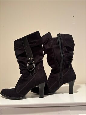 Predictions Black Mid-Calf Ruched Heeled Boots with Buckle